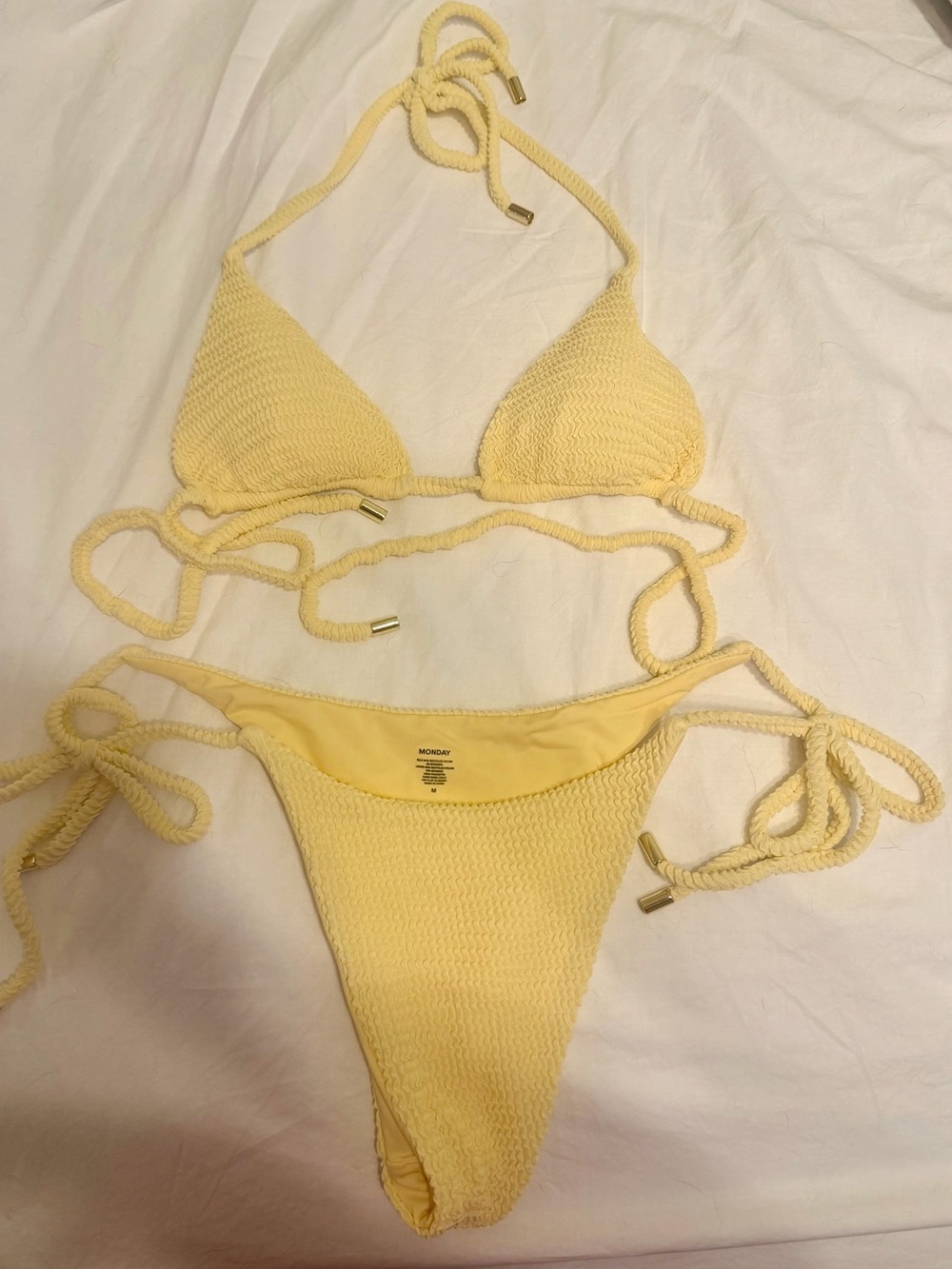 Monday Swimwear Pale Yellow Textured Tie-Side Bikini